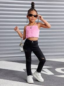 SHEIN 年轻女孩的黑色牛仔破洞弹力裤，酷炫服装/女孩感恩节服装，女孩秋冬服装