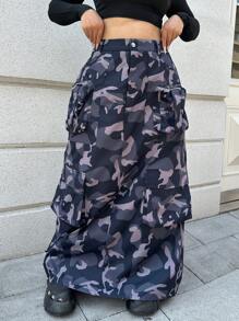 Flirla 大码女式多口袋迷彩裙，复古街头风格，秋冬 - 彩色 - 查看 4