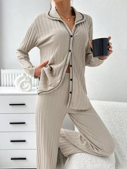 EURM Sleepwear Pajama Set Contrast Collar Hemline, ated Ribbed Sewing Thread Lines view 6