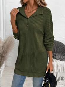 EMERY ROSE Women's Solid Color Front Button Long Sleeve Casual Sweatshirt - Army Green - View 5