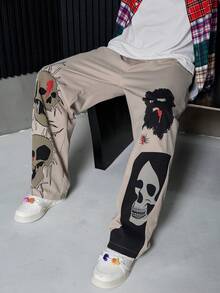 PAVTROS 男士成熟街头骷髅图案印花宽松阔腿休闲裤，长款宽松休闲裤，适合老公、男朋友的礼物 - 米色 - 查看 4