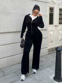 Flirla Plus Size Women 2 Pieces Set, Includes Solid Color Casual Y2k Velvet Zip-Up Cropped Top And Flared Pants, Sports Outfit - Black - View 6