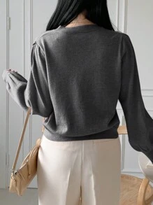 DAZY 女士休闲撞色蝴蝶结装饰毛衣，秋冬，秋季女装 - 深灰色 - 查看 2