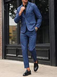 Manfinity Mode Men's Casual Checkered Suit Set - Navy Blue - View 2