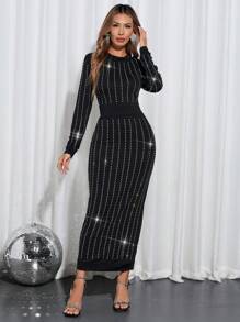 SHEIN Clasi 优雅女士派对性感条纹长款水钻紧身连衣裙 - 黑色 - 查看 3