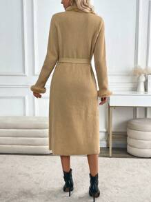 SHEIN Clasi 独特蓬松领中长款系带开衫，针织超大毛衣夹克，搭配皮革撞色设计，适合女士秋冬 - 卡其色 - 查看 2