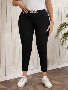 SHEIN LUNE 大码女式金属装饰弹性腰部优雅外出口袋修身长裤 - 彩色 - 查看 5