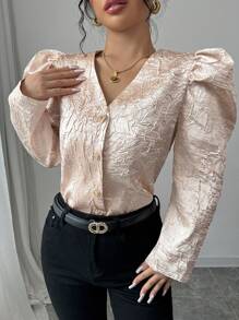 Elenzga Women Front Button Long Sleeve Casual Jacket, Minimalist Daily Wear Fall Cloth For Women - Champagne - View 3