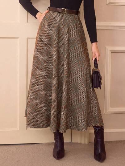 Vintamour Vintage Elegant Women High Waist Plaid Skirt With Pockets, Casual A-Line Flare Skirt Homecoming Going Out Skirt Christmas Outfits Fall Skirts Fall Clothes Long Fall Skirt Brown Skirt Women Outfits Thanksgiving Skirt Maroon Skirt Fall Skirt Winter Skirt Winter Women Clothes Plaid Skirt Fall Women Outfits