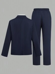 SHEIN Leap Crew 2pcs Tween Boy Casual Solid Color 2 In 1 Suit Jacket And Pants Set, Suitable For Autumn, Spring, And Winter, Suitable For Outdoor Play, School, Street Photography, Parties, And Leisure At Home - Navy Blue - View 2