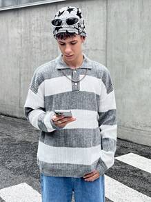 SHEIN Jersey holgado de punto de color contrastante casual para niños adolescentes, adecuado para otoño, invierno, cálido, casual, escuela, hogar, uso diario, deportes, simple y versátil
