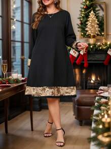 EMERY ROSE Plus Size Elegant Black And Gold Christmas Dress Women,Autumn Dinner Patchwork Embroidery Mesh Cuff Straight Loose Winter Clothes For Women - Black - View 2