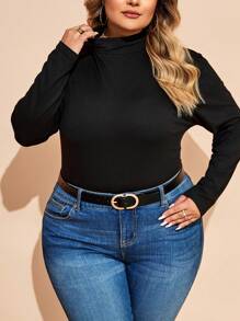 SHEIN CURVE+ Áo liền quần cổ lọ ôm vừa vặn cho nữ cỡ lớn, áo thu - màu đen - Xem 4