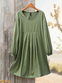 Rusticease Rochie de damă, de culoare solidă, cu gât rotund, cu mânecă lungă, cu volană simplă, de lungime mijlocie, de toamnă