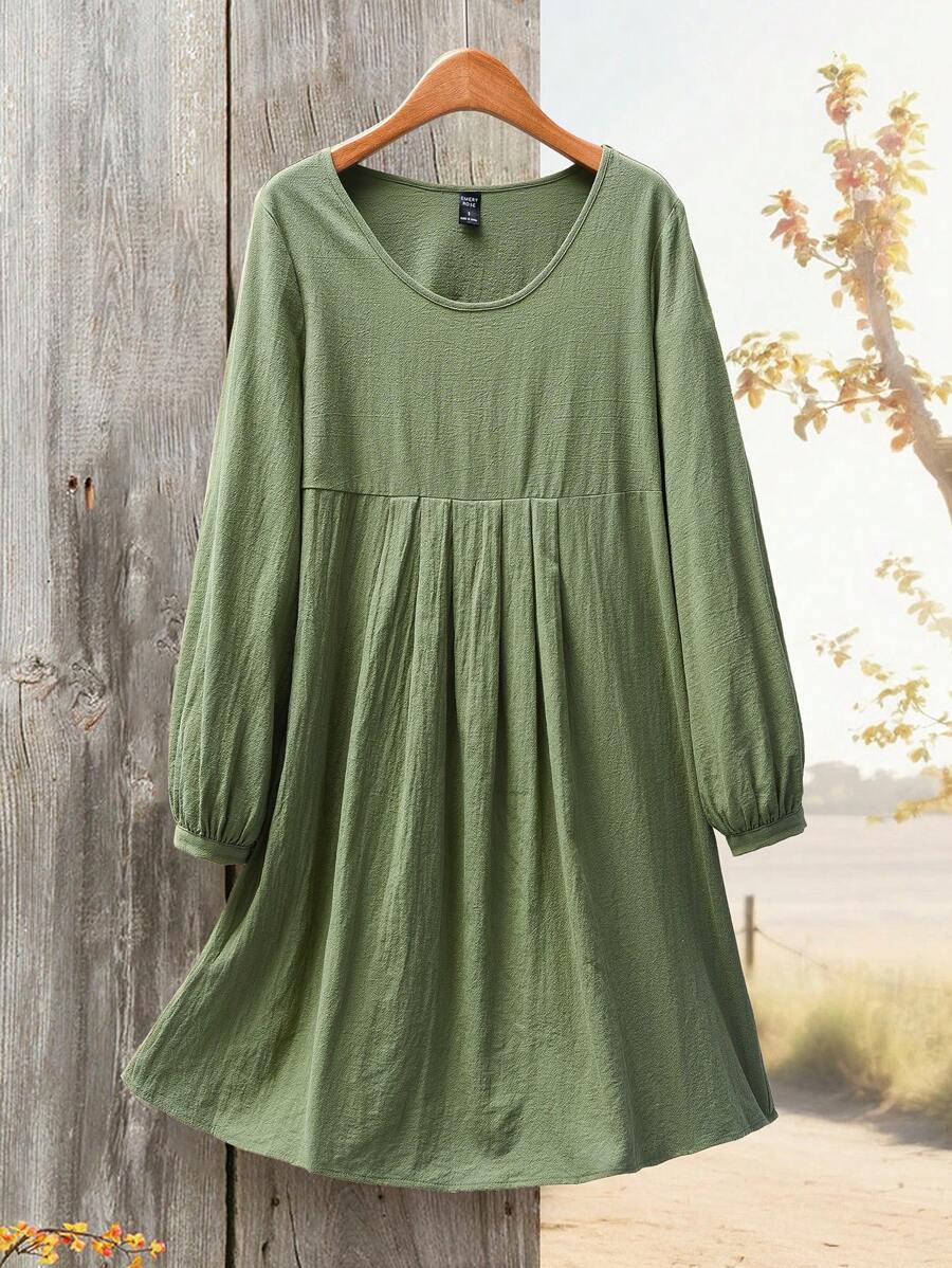 Rusticease Rochie de damă, de culoare solidă, cu gât rotund, cu mânecă lungă, cu volană simplă, de lungime mijlocie, de toamnă