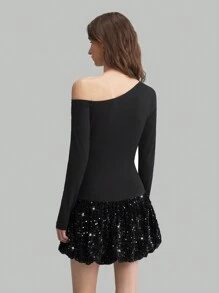 Ontre 女式不对称领长袖亮片花卉荷叶边下摆迷你连衣裙，纯黑色，新年春季时尚