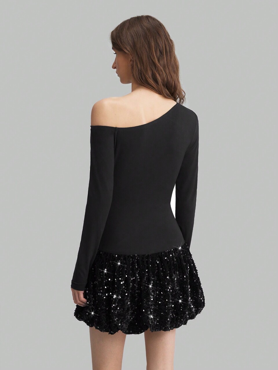 Women's Asymmetrical Collar Long Sleeve Sequin Floral Peplum Hemline Mini Dress, Solid Black, Chic For New Year Spring