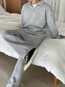 DAZY Men 2pcs/Set Solid Color Full Zip Up Sweatshirt & Sweatpants Sports Suit, Autumn, Cozy Outfits Quarter Zip Men - Light Grey - View 7