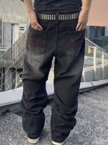 Manfinity EMRG 男士休闲街头潮流低腰刺绣图案宽松阔腿牛仔裤（不含腰带）图案深色牛仔裤长款宽松纯黑色洗水工装牛仔裤，适合丈夫、男朋友的礼物 - 黑色 - 查看 2