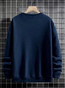 EURMUSE Men's Casual Printed Crew Neck Long Sleeve Sweatshirt - Navy Blue - View 2