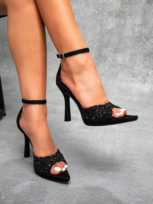 CUCCOO SZL Pointed Toe Fashion Sexy Sandals, Strap Shiny Black Elegant Waterproof Platform Stilettos, Suitable For Formal Wear, Christmas, New Year Party, Dating, Spring Casual Outfit