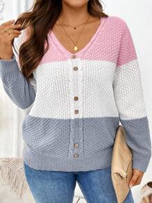 SHEIN LUNE Plus Size V-Neck Button Casual Contrast Color Long Sleeve Knitted Sweater Top, Fall Winter - Multicolor - View 1