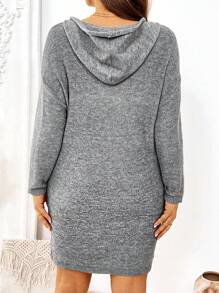 SHEIN LUNE Plus Size Women Casual Solid Color Drop Shoulder Loose Pocket Patchwork Hooded Sweater Dress - Grey - View 2