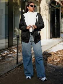 Flirla Áo khoác ấm dài tay đơn giản màu trơn giản dị - màu đen - Xem 4