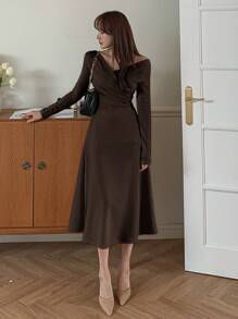 DAZY Women Long Wrap Dress, Solid Color, Spring/Fall Long Sleeve Dress - Coffee - View 3