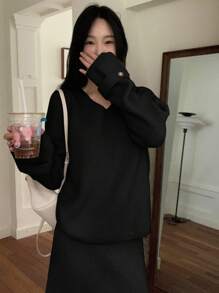 DAZY 2 件套女士休闲纯色毛衣和裙子套装，秋冬 - 黑色 - 查看 5