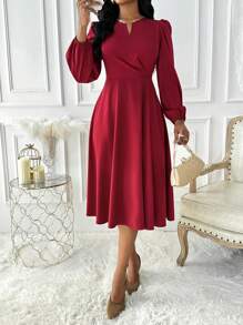 Lunelith SHEIN Lunessa 优雅时尚百搭 V 领灯笼袖褶饰链条装饰喇叭高低连衣裙，红色女士新年服装长款女装 - 紅色 - 查看 6