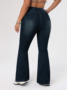 SHEIN ICON 大码做旧纯色口袋休闲喇叭腿牛仔裤 - 藍色 - 查看 2