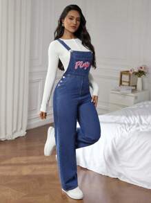 SHEIN EZwear Quần yếm denim vá chữ giặt thường ngày cho nữ/Quần yếm - Màu xanh lam - Xem 7