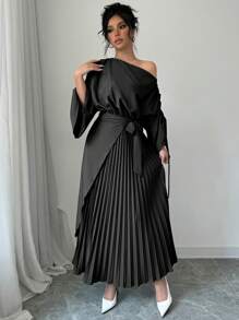 Chiquease 1 pièce Robe longue plissée à taille cintrée, avec col oblique, manches longues et ourlet noué pour femmes - Noir - Voir 6