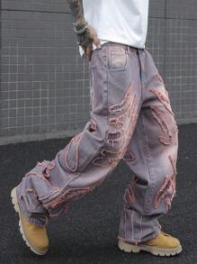 Manfinity EMRG 男士时尚百搭水洗斜口袋宽松牛仔裤 - 淺灰紫 - 查看 6