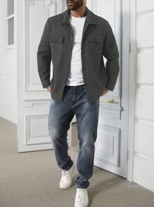 Manfinity Homme Plus Size Men's Solid Color Long Sleeve Single-Breasted Utility Pocket Jacket, Autumn/Winter - Dark Grey - View 4