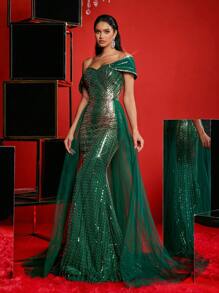 Glamrae Vestido elegante, hermoso y lujoso con un solo hombro, bordado con cuentas y lentejuelas, con diseño floral de malla y cola de pez, con dobladillo y cola extendidos, adecuado para eventos de boda, fiesta de soltero, baile de graduación, cena de Navidad (estilo de industria pesada), vestido de gala formal, para invitada de boda, graduación, Navidad - Verde - Ver 7