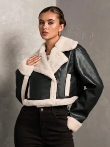 SHEIN BAE Áo khoác dài tay chắp vá mềm mại cho nữ, trang phục thường ngày mùa đông, quần áo mùa đông cho nữ, áo khoác mùa đông cho nữ, trang phục mùa thu cho nữ, áo khoác da cho nữ, áo khoác lông cừu lót da màu nâu, áo khoác lông liền thân, dày, ấm, thân thiện với da và mềm mại, phù hợp cho mùa thu và đông - màu đen - Xem 4