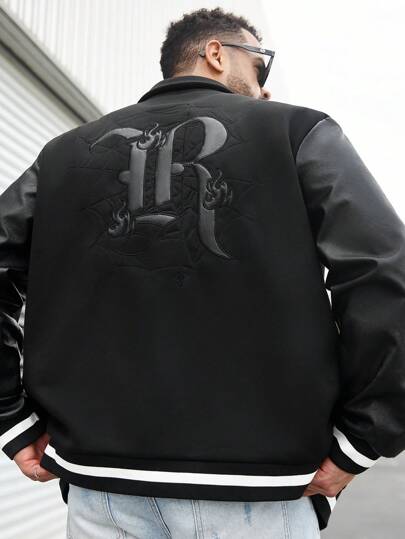 Manfinity Roughcore 加大码男士字母图案 PU 补丁长袖休闲冬季男士夹克，秋季外出黑色棒球轻便夹克，适合朋友、丈夫、男朋友的礼物，适合秋季
