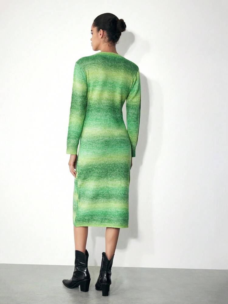SHEIN Maija Women's Autumn/Winter Green Round Neck Color Block Casual Versatile Long Sleeve Fitted Sweater Dress