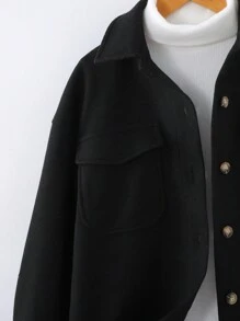 SHEIN Tween Girls' Loose Casual Versatile Comfortable Long Sleeve Pocket Front Button Streetwear Jacket - Black - View 3