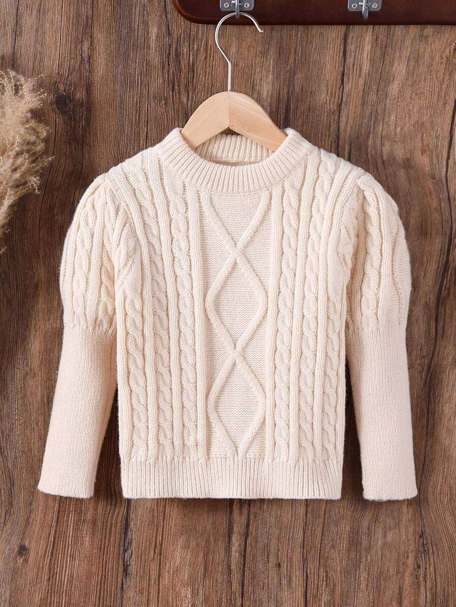 Young Girl Twist Rib Diamond Pattern Long Sleeve Princess Shoulder Sweater, Casual For Autumn/Winter