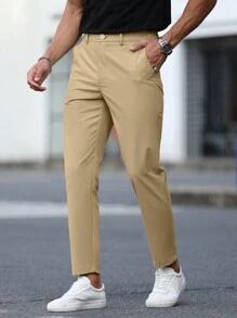 Manfinity Mode 1pc Men's Solid Color Straight Leg Loose Casual Commuter Pants With Pockets, Khaki Dress Pants Men - Khaki - View 6