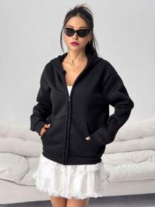 Áo khoác hoodie dài tay ấm áp, giản dị, màu trơn, tối giản, có túi, có khóa kéo, thích hợp cho mọi mùa - màu đen - Xem 3