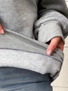 女式休闲图案印花落肩宽松羊毛圆领运动衫，秋冬 - 灰色 - 查看 3