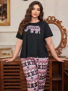 Plus Size Pattern Elephant Print Short Sleeve Pajama Set - Multicolor - View 3