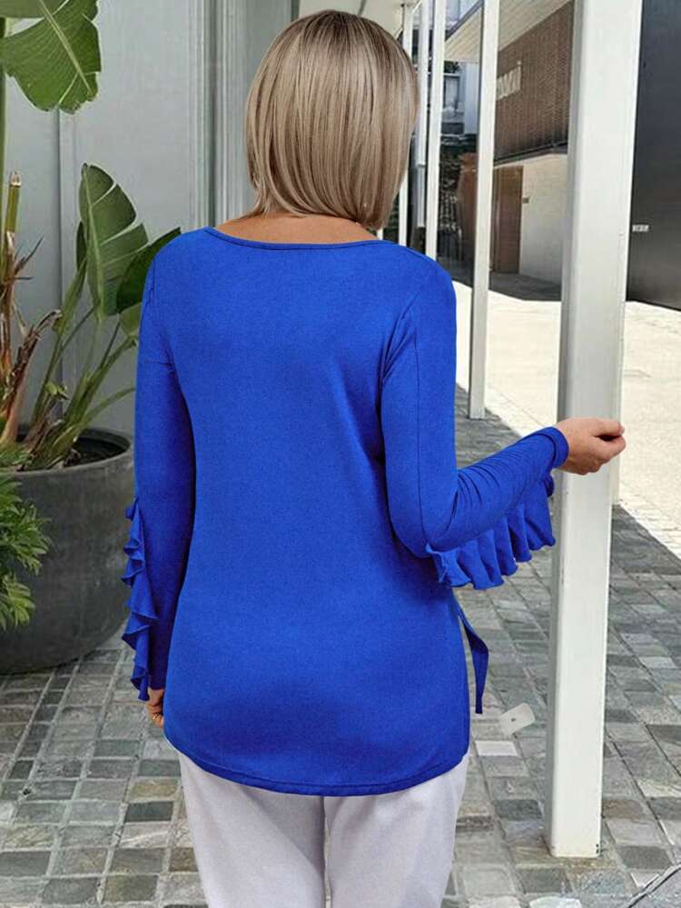Blue Long Sleeve Winter Tops Slit Hem And Cuff Design Winter Women Clothes
