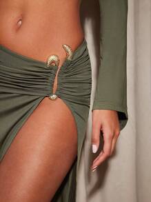 Hauture Off Shoulder Long Sleeve Crop Top And Ruched Maxi Skirt Set - Army Green - View 2