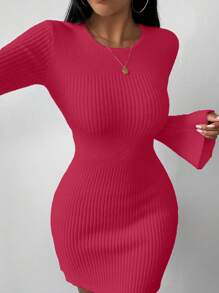 Chiquease Solid Color Round Neck Fitted Elegant Long Sleeve Sweater Dress Fall Cloth For Women - Hot Pink - View 6
