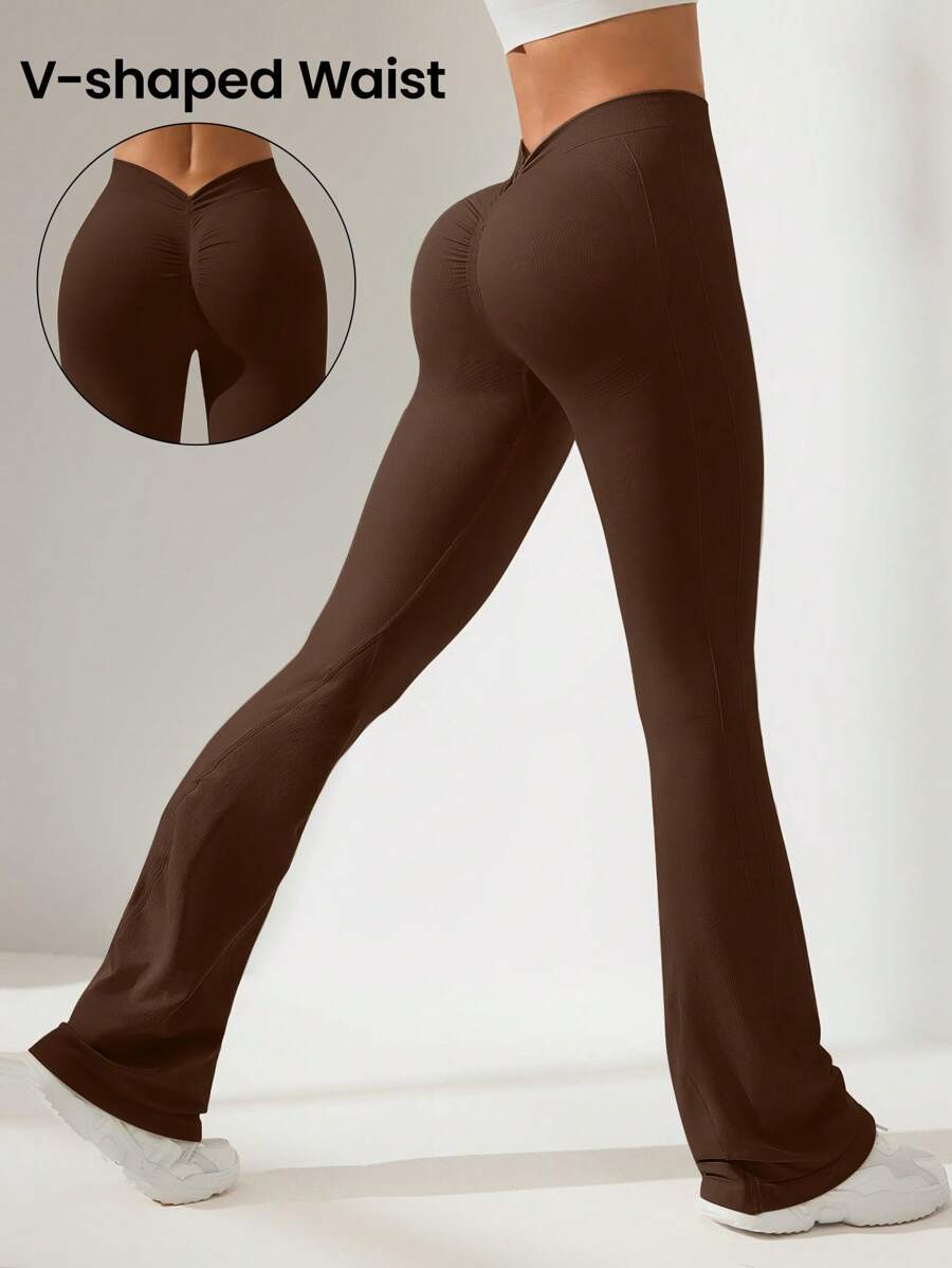 Easithlete 女士弹力高腰纯色喇叭紧身裤，运动服 - 咖啡棕 - 查看 1